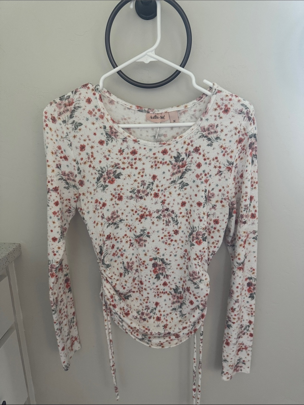Maddie Zest Floral Ruched Long-Sleeve Top - White with Pink Floral